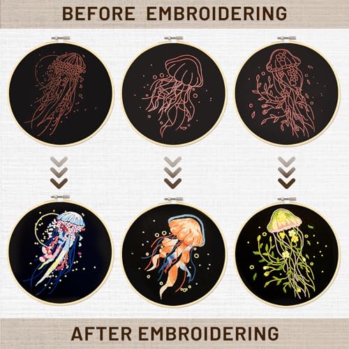 Image of XM-GENYUE 3 Sets Jellyfish Pattern Embroidery Kit for Beginners with Instructions, Learn Multiple Different Stitches, Includes Wooden Hoop, Color Threads, Tools, Easy to Follow Instruction & Video