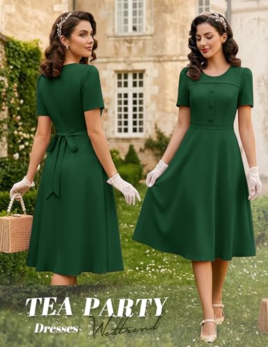 Image of Wedtrend 1950's Vintage Dresses for Women Modest Church Dress with Pockets Short Sleeve Tea Party A-Line Cocktail Dresses
