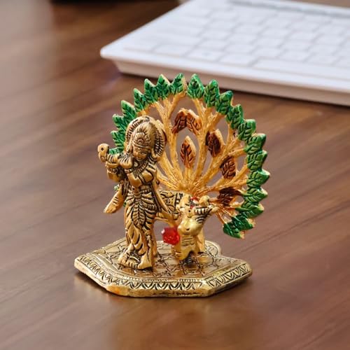 Image of KridayKraft Elegant Cowkrishna Murti - Divine Lord Krishna Idol for Home & Office Decor, Intricately Designed Pooja Statue & Spiritual Showpiece for Living Room, Bedroom, Temple (Golden)