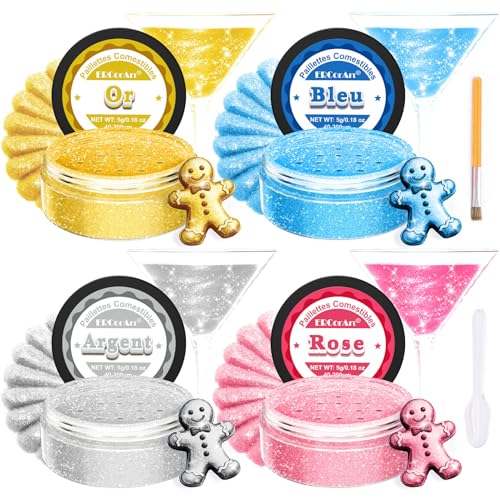 Paillettes Comestibles - Colorant Alimentaire Poudre 4 Couleurs, Paillette Alimentaire pour Decoration Gateau, Cocktail, Vodka, Fondant, Comestible, Sans Odeur, Végétalien, Sans Gluten - 5 g