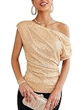 Trendy Off The Shoulder Tops for Women Ruched Sparkle Top Shirt Elegant Asymmetrical Neck Sequin Top Shiny Date Night Outfits Concert Champagne S