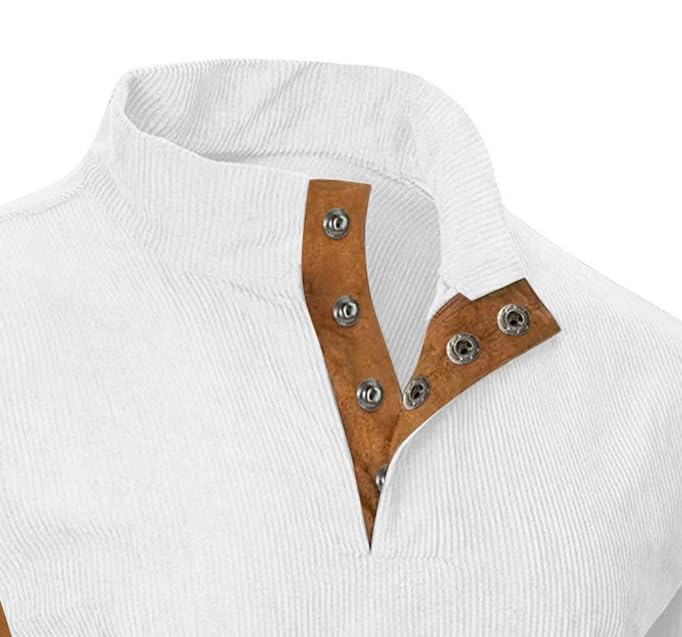 Men's Casual Stand Up Collar Long Sleeved Corduroy Sweatshirt Button Up Warm Pullover Sweater with Elbow Patches2