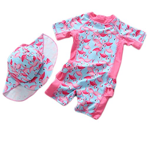 Baby Infant Toddler Girls One Piece Flamingo Print UPF 50+ Sun Protection Zip Swimsuit with Sun Hat 18-24 Months/Tag M