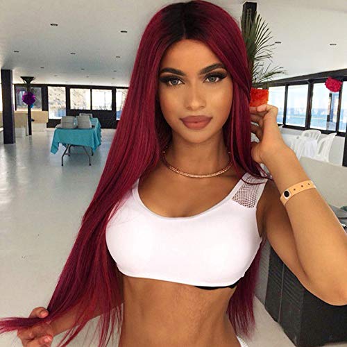 ForQueens Ombre Long Straight Wine Red Wig for Women Middle Part Synthetic Burgundy Wig for Black Women Heat Resistant Fiber