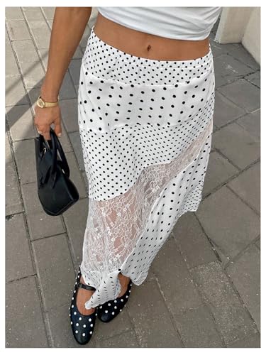MakeMeChic Women's Fall Midi Skirts Boho Floral Lace Polka Dots Asymmetrical Ruffle Skirt3