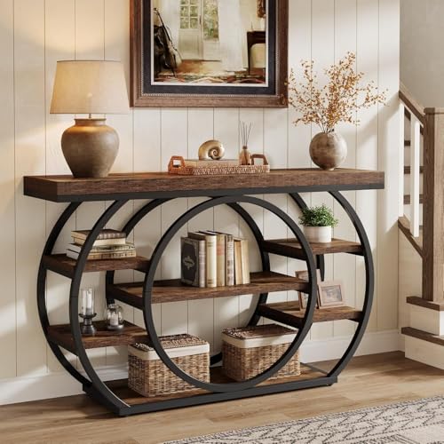Tribesigns Table Console avec Base Circulaire étroite 120 x 30 x 80 cm Étagère de Rangement à 4 étages Ferme Industrielle Couloir Table Basse Rustique...