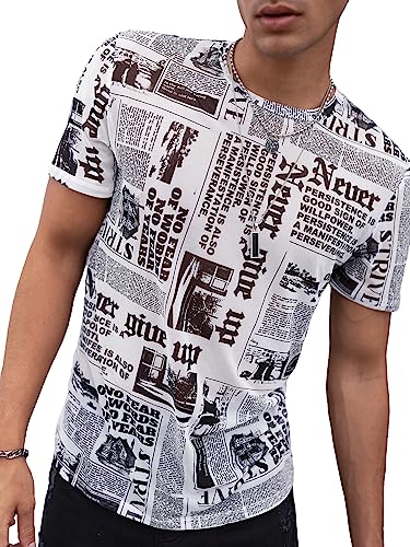 WDIRARA Men's Newspaper Print Round Neck Short Sleeve...