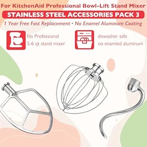 Stainless Steel Accessories for KitchenAid 5.5-6 Qt Bowl-Lift Stand Mixer, Includes 6 Wire Whisk, Beater, Dough Hook, Dishwasher Safe and Heavy Duty, fits for KP26, KL26, KB26, KSM55/60 Stainless Steel Accessories for KitchenAid 55 6 Qt Bowl Lift Stand Mixer Includes 6 Wire Whisk Beater Dough Hook Dishwasher Safe and Heavy Duty fits for KP26 KL26 KB26 KSM5560