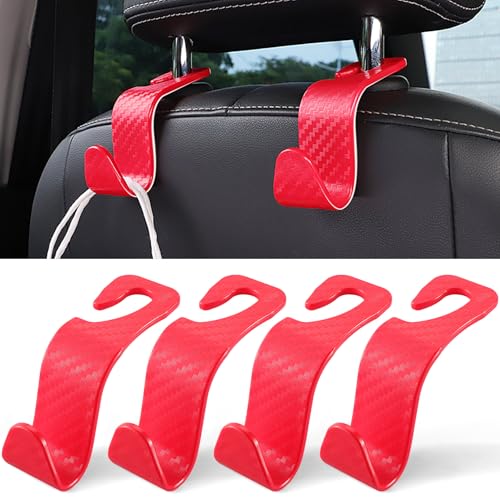 Image of LivTee Car Purse Hook, Headrest Hook for Car, 4 Pack Universal Auto Car Seat Headrest Hook Hangers Organizer for Purse Coat Umbrellas Grocery Bags Handbag, Car Accessories - Carbon Fiber Red