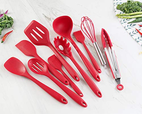 Movie House Silicone Cooking Kitchen Utensils Set, Wooden Handles Cooking Tool BPA Free,Heat Resistant Kitchenware Colorful Non Toxic Kitchen Gadgets Set for Nonstick Cookware (11pcs, red) - Thumbnail 3