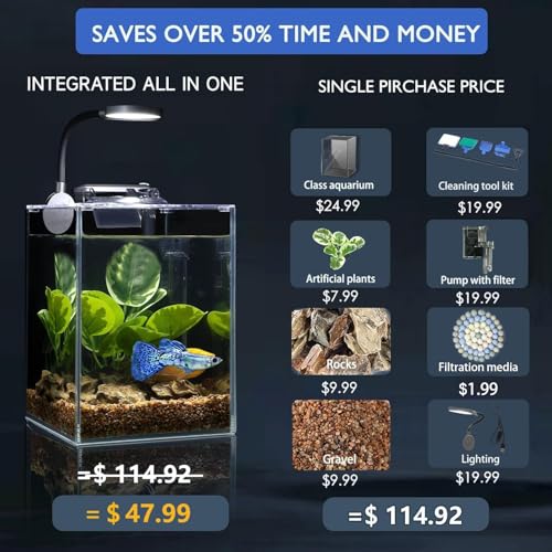 Image of Desktop Betta Small Aquarium Glass Fish Tank 1.25 Gallons Complete Set, Self Cleaning Filter System Bright LED Light Gravel Plant Cleaning Tool, Starter Kit Small Space Easy Setup Space-Saving Design
