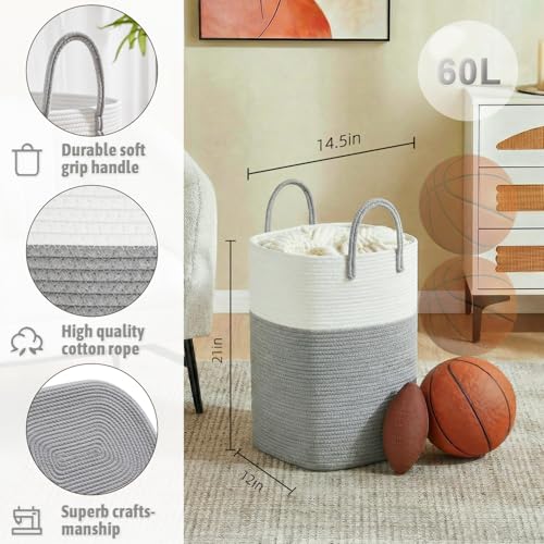 Image of Laundry Basket,Woven Cotton Rope Laundry Hamper,Versatile Storage for Dirty Clothes,Baby Toys,and Blankets in Bathroom, Nursery,and Living Room (Grey, 60L)
