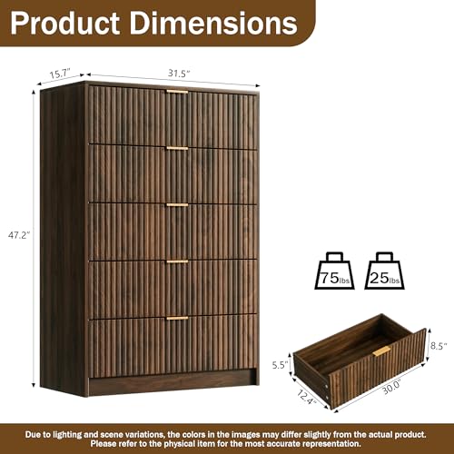 Image of Furniway 3 Piece Bedroom Set, 5 Drawer Dresser and 3-Drawer Nightstand Set of 2 with Gold Handles, Mid-Century Modern Wood Chest of Drawers Storage Cabinet for Bedroom, Walnut