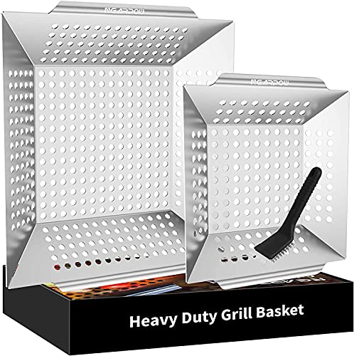 NEARPOW Grill Basket, Vegetable Grill Basket Set of 2, Grill Baskets for Outdoor Grill, Veggie Grilling BBQ Basket for All Grills and Smokers, Heavy Duty Stainless Steel Grilling Accessories Gift