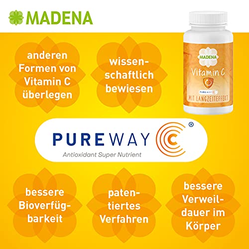 MADENA Vitamin C Kapseln – 2000mg Tagesdosierung mit dem patentierten PureWay-C für ein starkes Immunsystem, mit Langzeiteffekt, 120 Kapseln