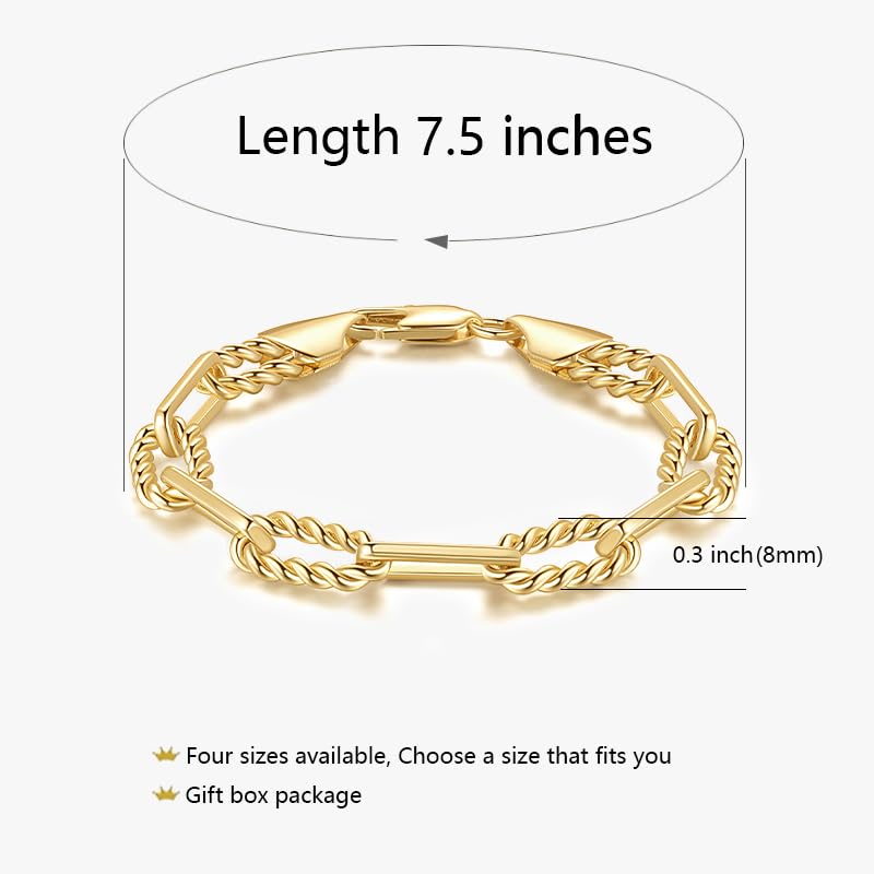 Gold Bracelets for Women & Men Cable Link Paperclip Chain Bracelet for Women Dainty Gold Bracelet Stack Textured Gifts 6.5'' 7.5'' 8.5'' 9.5''2