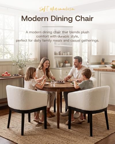 Image of HNY Barrel Dining Chairs Set of 4, Mid Century Modern Upholstered Dining Chairs with Arms, Sherpa Boucle Kitchen & Dining Room Chairs, Solid Wood Frame Accent Chairs for Kitchen, Apartment, White