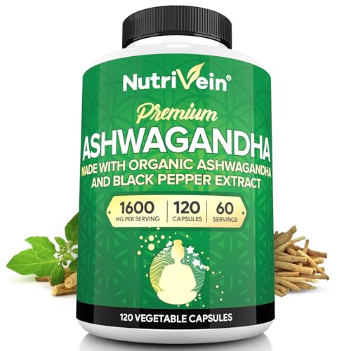 Nutrivein Premium Ashwagandha Capsules 1600mg with Black Pepper Extract - 120 Vegan Capsules - High-Absorption Ashwagandha Supplements from Pure Root Powder - Mood, Balance, Defenses, and Vitality