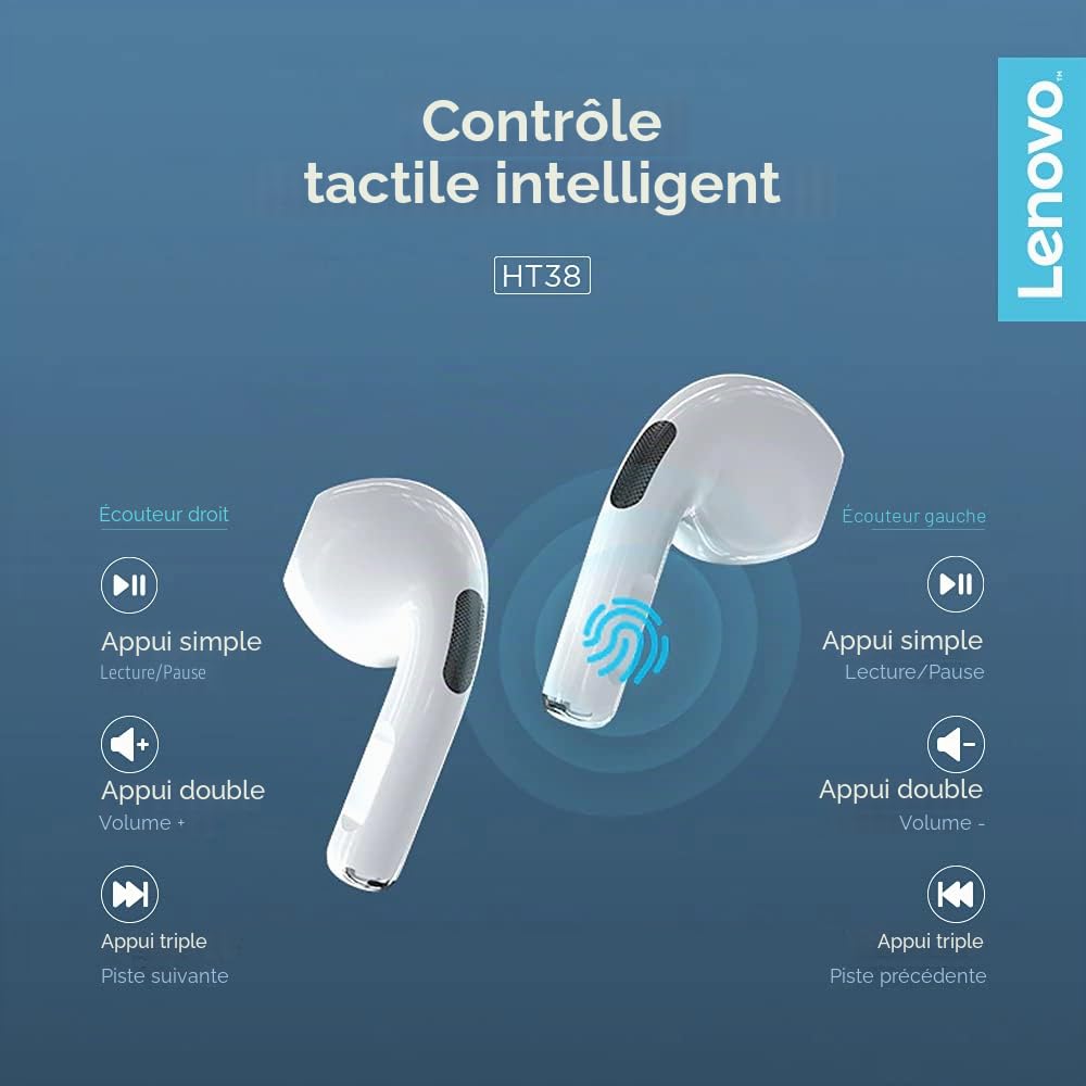 Lenovo – écouteurs sans Fil Bluetooth LivePods HT38 TWS, Mini Casque d'écoute, Commande Tactile 9D Stéréo, avec Micro, 30h d'autonomie