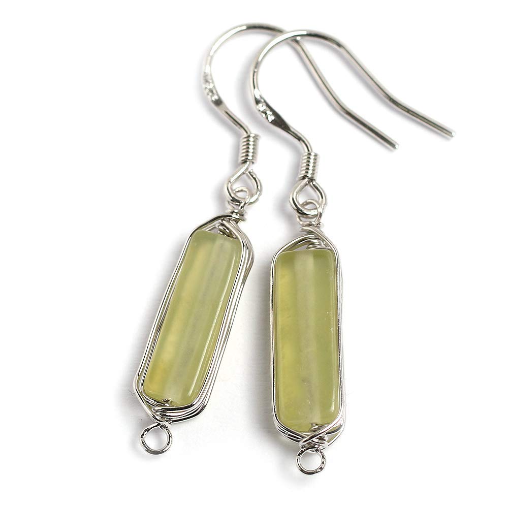 Natural Stone Wire Wrap Dangle Drop Earrings Platinum Plated 925 Sterling Silver Hook/Green Agate 14mm Bar