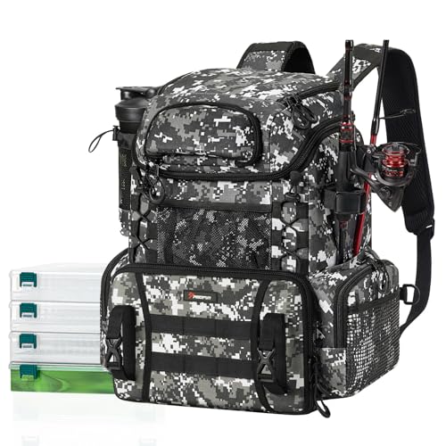 Piscifun Fishing Tackle Backpack with Rod Holders & 4 Tackle Boxes, Outdoor Fishing Bag with Waterproof Rain Cover Camouflage