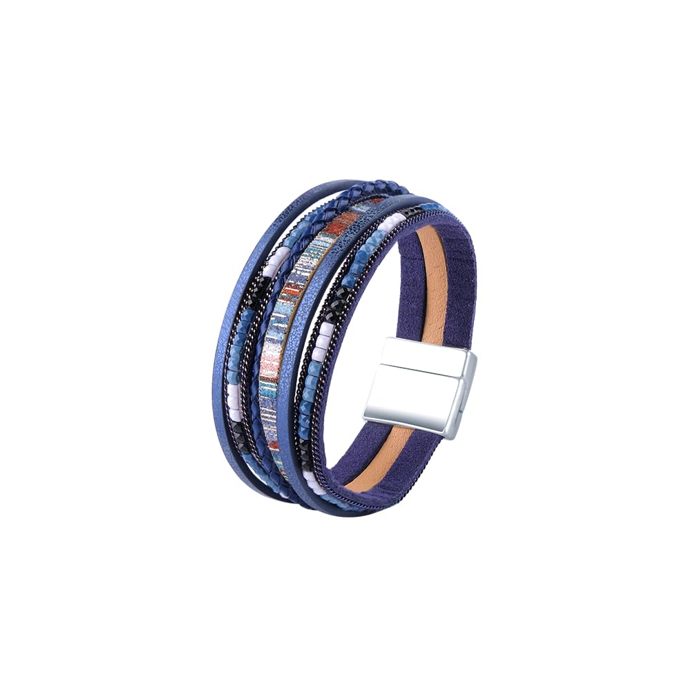 Viwind Lederarmband Damen Boho Multilayer Leder Wrap Armbänder 19 cm Korn Perlen Wickelarmband Geflochtenes Lederarmband Magnetverschluss