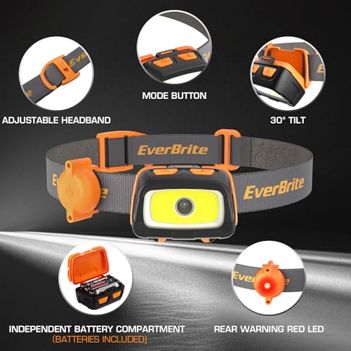 Image of EverBrite Headlamp - 300 Lumens Headlight with Red /Green Light and Tail Light, 7 Lighting Modes, Perfect for Trail Running, Camping, Hiking and More, Adjustable Headband, 3 AAA Batteries Included