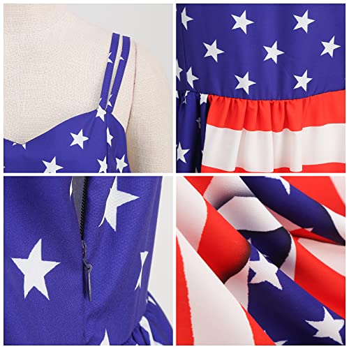 Image of OBEEII Womens 4th of July Dress Retro Spaghetti Strap American Flag Midi Dress Summer Cocktail A-line Swing Dress