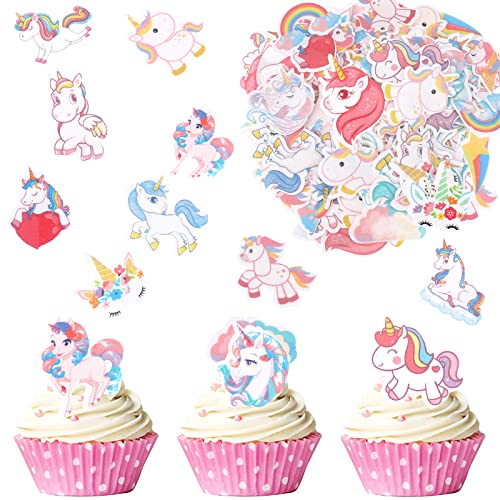 Catelves 80 Stück Einhorn Tortendeko Essbar Einhorn Cupcake Deko Unicorn Kuchendeko Essbar Einhorn Cake Topper Essbare Tortendeko Mädchen Esspapier Unicorn Muffin Deko