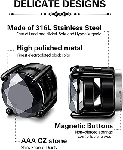 Siispri 2 Pairs Stainless Steel Magnetic Stud Earrings For Men Women Non-Piercing Cz Clip On Cz Earrings Hypoallergenic(Black + Silver)6Mm-8Mm (8Mmblack + Silver) #TOP1