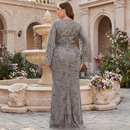 Image of Plus Size Formal Dresses for Women with Embroidery Sequin and Cape Sleeve, V-Neck Maxi Dress for Wedding and Party