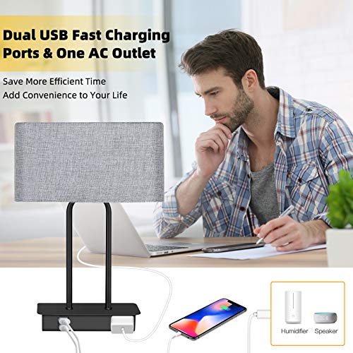 Set Of 2 Touch Control 3-Way Dimmable Table Lamp With 2 Usb Ports &1 Ac Outlet, Modern Bedside Nightstand Lamps With Fabric Shade, Desk Lamps For Bedroom Living Room Grey, Bulbs Included #TOP1