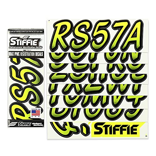 Image of STIFFIE Whipline Day Glow Yellow /Black 3 inch Boat & PWC Registration Decals • Numbers Letters Stickers