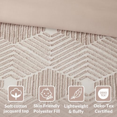 Image of Ink+Ivy Queen Comforter Set Geometric Cotton Comforters Farmhouse with Clipped Jacquard, All Season, Down Alternative Lightweight & Fluffy Bedding, Matching Shams, Ellipse, Full /Queen, Blush 3 Piece