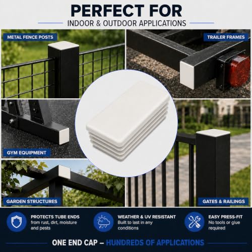 Image of (Pack of 10) Rectangular Plastic Plugs 25 /32 inch x 1-9 /16 inch (20 x 40 mm), Matt Tube Inserts, Fence Post Caps, Pure White RAL 9010