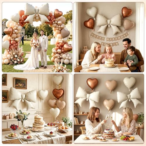 Image of 12 Pcs 18 Inch Heart Balloons and 38 Inch Bow Balloons, Large Foil Bow Heart Balloon Bow Party Decorations for Birthday Baby Shower Valentines Wedding Party