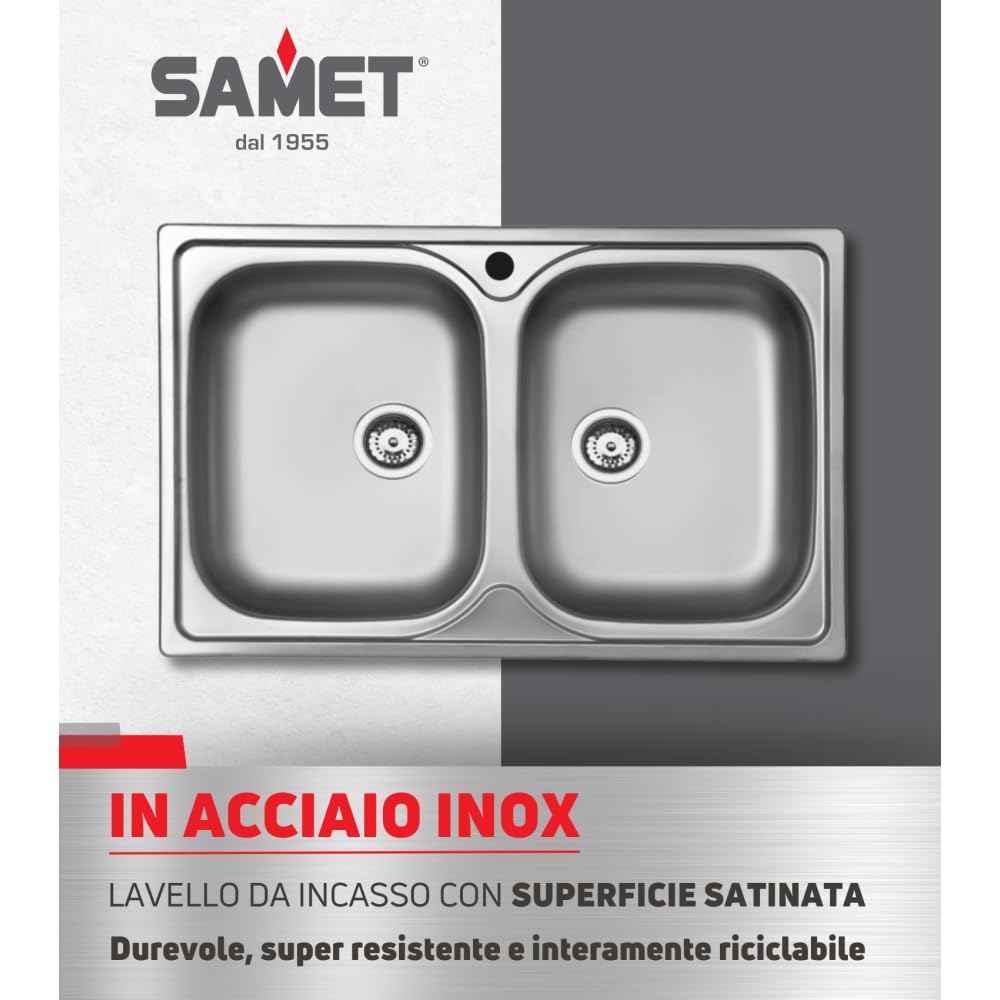 Lavello Cucina Doppia Vasca In Acciaio Inox - 50x79 Cm, Design Italiano Samet - Foto 4