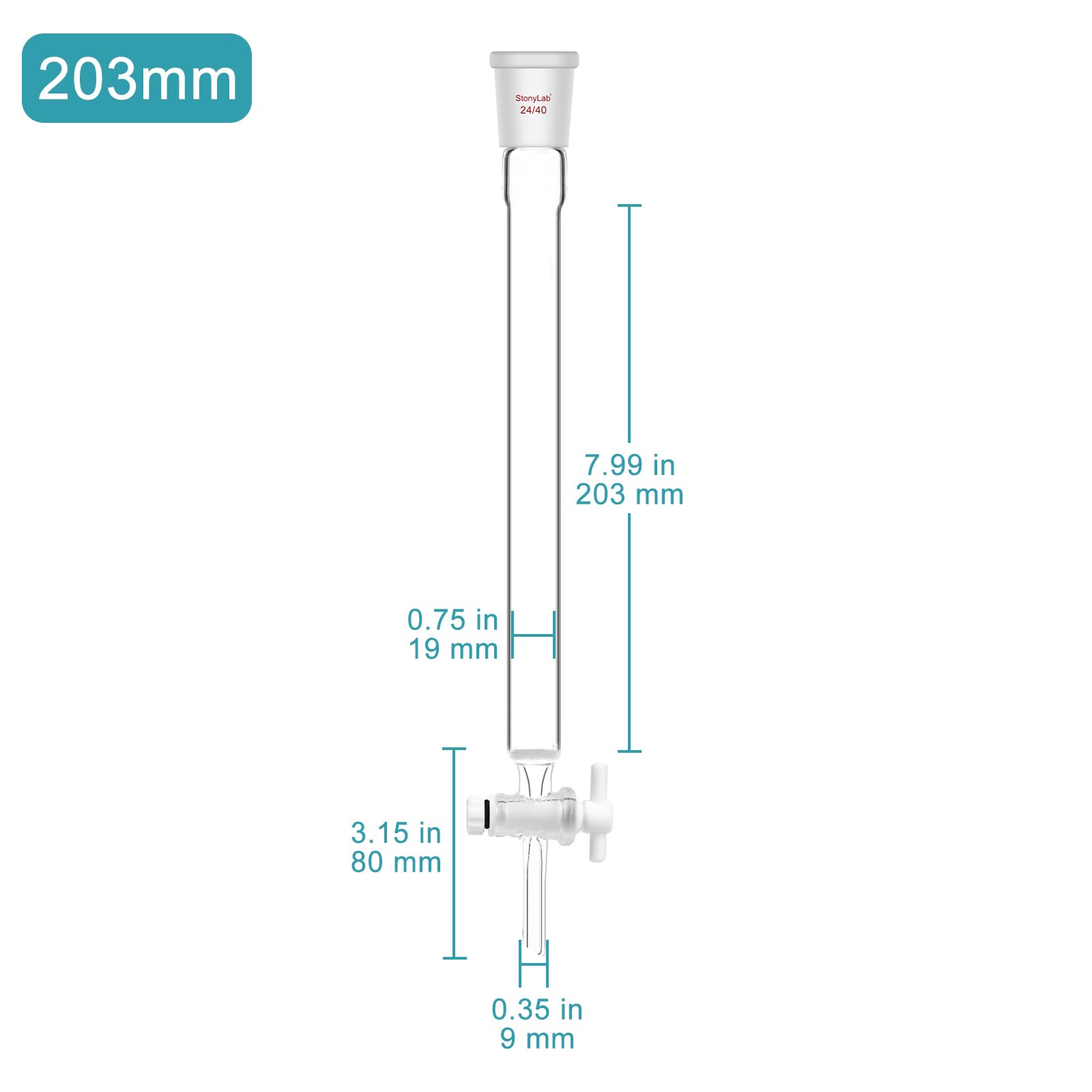 stonylab Colonna di Cromatografia in Vetro Borosilicato con Piastra di Sabbia G2, Diametro Interno 19 mm, Lunghezza Efficace 203 mm, Giunto 24/40