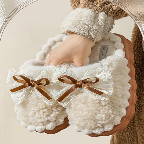 HANDKEI Women's cute bow anti slip thick rubber sole plush slippers for home and indoor use2