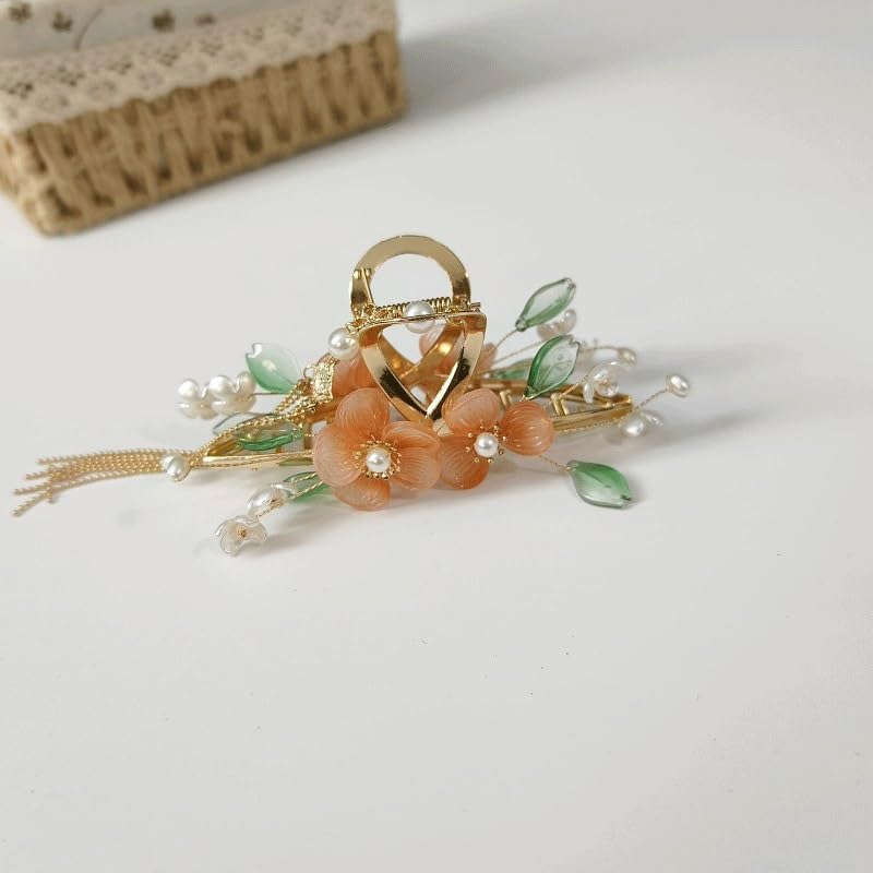 Ancient Flower Tassel Hairpin Hair Claw Clip Metal Winding Pearl Retro Accessory