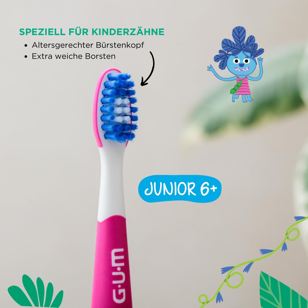 GUM Playbrush JUNIOR 6+ elektrische Zahnbürste | Interaktive Spiel-App | Extra weiche Borsten | 8 Wochen Akku | Stiftung Warentest | 1x Schallzahnbürste, wiederaufladbar | 2 extra Bürstenköpfe | Pink