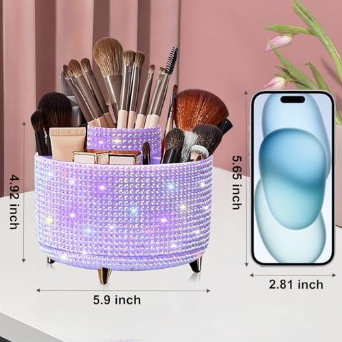 Image of Diesisa Bling Diamond 360 Makeup Brush Holder Organizer, Rotating Makeup Brush Organizer,5 Slot Make up Brushes Cup for Cosmetics, Vanity Desktop Organizer, Gift for Women Teen Girls- Diamond Purple