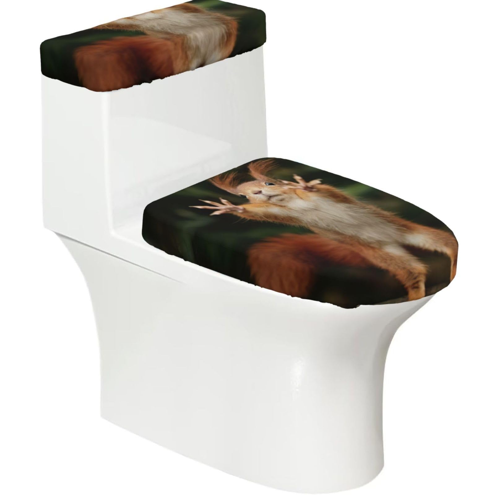 Squirrel Funny Animal Print 2-Piece Stretch Toilet Cover Set, Elastic Breathable Toilet Seat and Tank Lid Protector