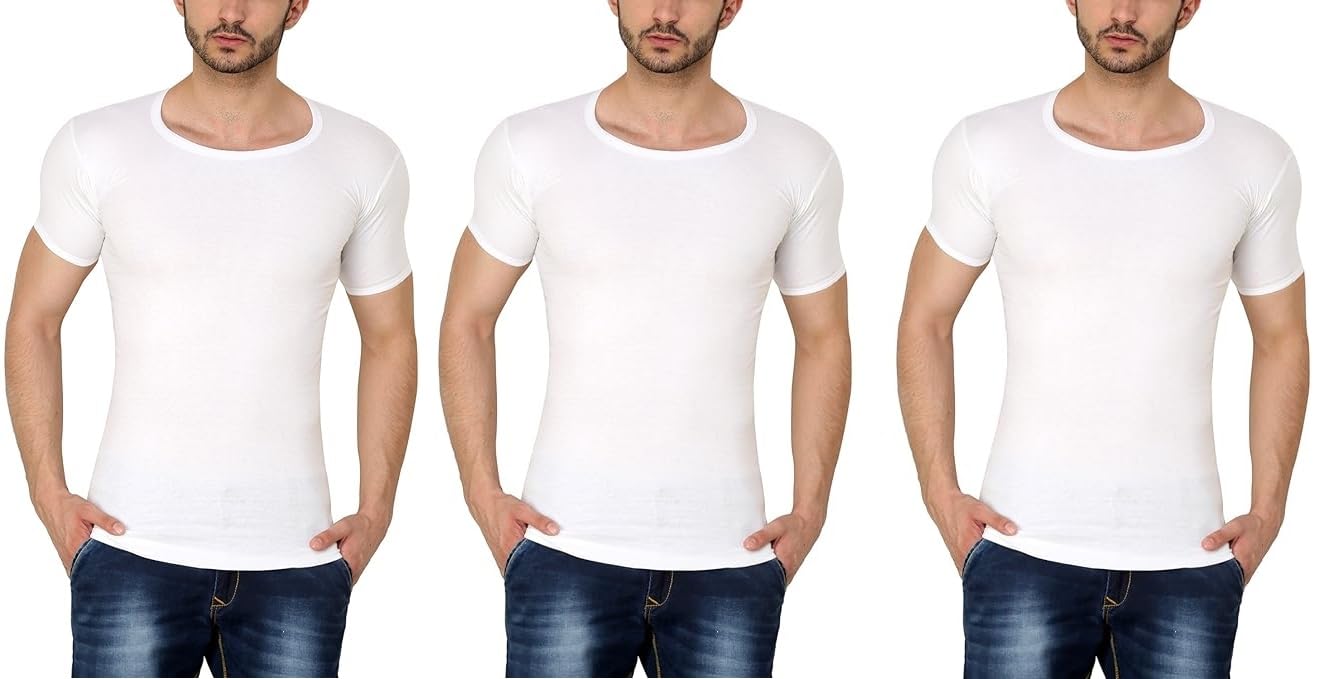d1 different one Royal Cotton Fine Plain White Half Sleeve Vests - Combo of 3-picture-17