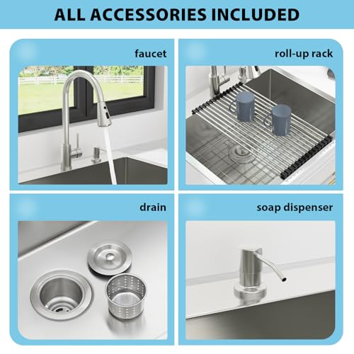 Image of Kichae 25 Drop In Kitchen Sink with Faucet Combo - Stainless Steel Sinks 25 x 22 Inch Topmount Overmount Single Bowl Handmade Basin with Accessories