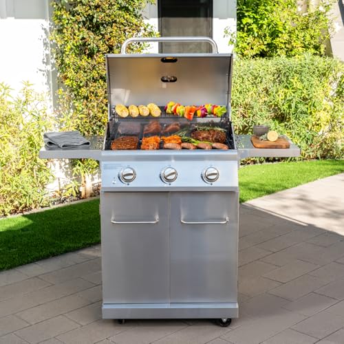 Image of Nexgrill Stainless Steel 3-Burner Propane Gas Grill w /Foldable Side Shelves, 40,500BTUS, 591.05 sq. in. Cooking Area, Perfect for Outdoor Cooking & Grilling, BBQs, Backyard, Tailgating, 720-0830MN