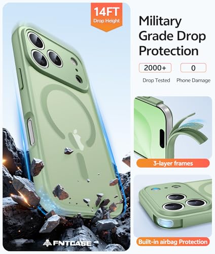 Image of FNTCASE for iPhone 17 Pro Case: [Compatible with Magsafe] Translucent Matte Cases with [Full Camera Protection] [Screen Protector] Military Grade Shockproof Protective Phone Cover - Light Moss