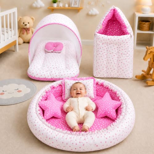 Image of Infantbond Baby Sleeping Essential Reversible Nest|Mattress With Net|Carry Bag(0-6 Months,Total Items:9) (Pink Heart),9 Count