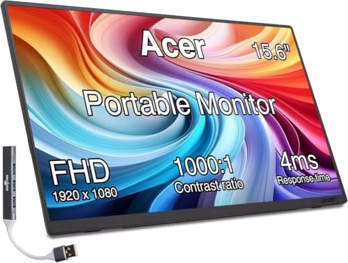 Image of Acer 15.6 inch Portable USB-C IPS Monitor with Tiltable Stand | 4ms Response Time, Anti-Glare, 250 nits Brightness, Built-in Speakers, Mini HDMI & Dockztorm USB Port Expander, Black Color