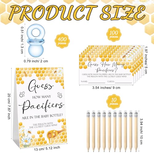 Image of Roowest 512 Pcs Baby Shower Games Guess How Many Pacifiers Sign 100 Small Guessing Games 10 HB Pencils 750ml Milk Bottle 400 Acrylic Pacifiers Decoration for Guest Gender Reveal(Blue,Bee)